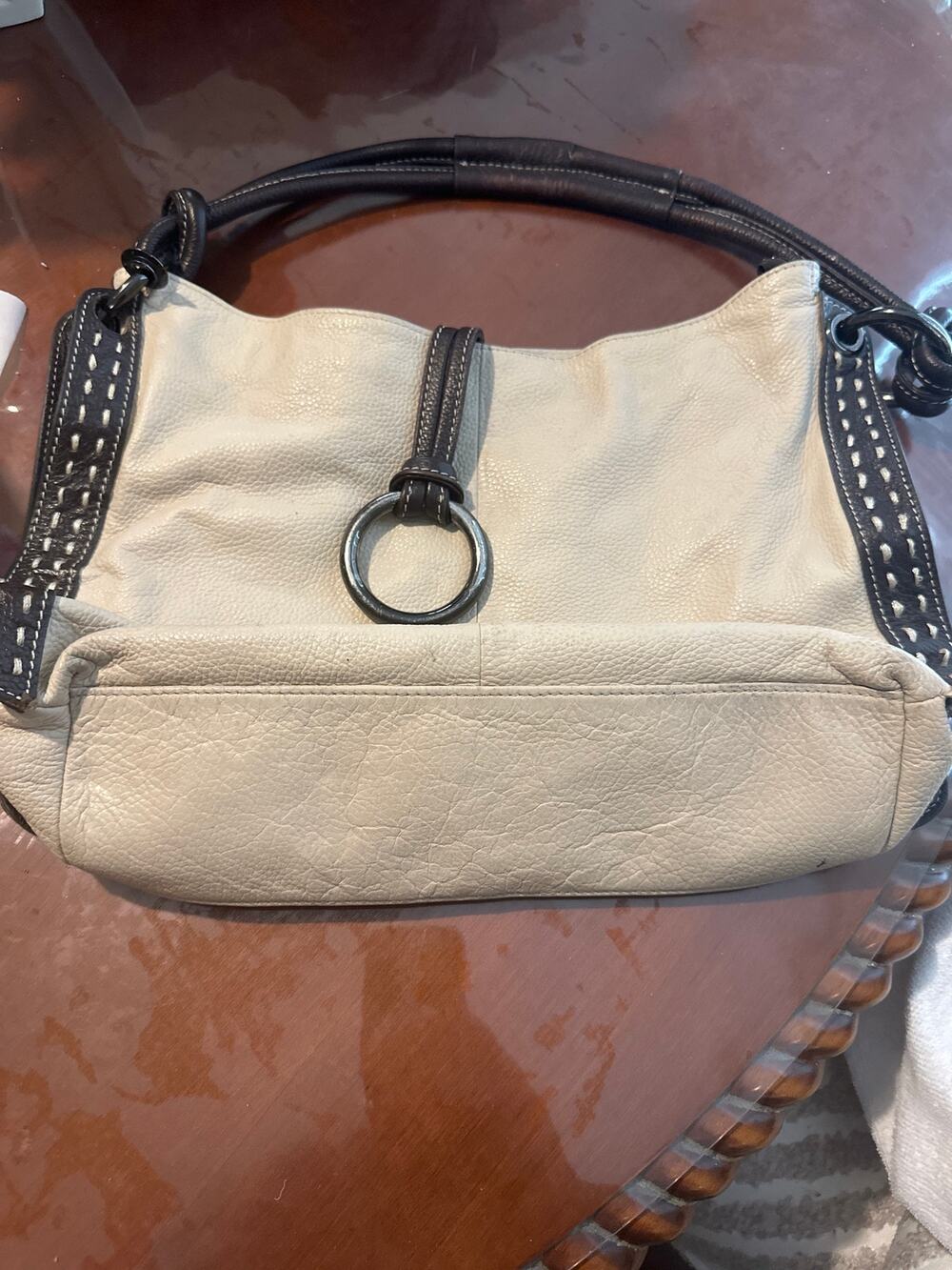 Daniela Moda Cream Leather Hobo Shoulder Bag Brown Trim Silver Ring